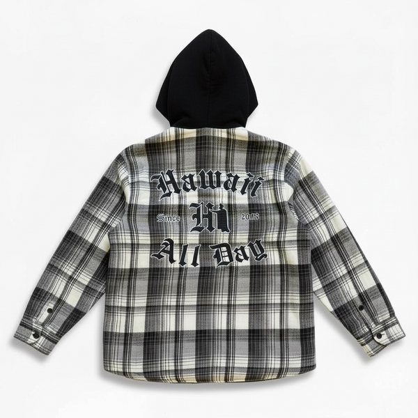 808ALLDAY Black / White Quilted Hooded Flannel