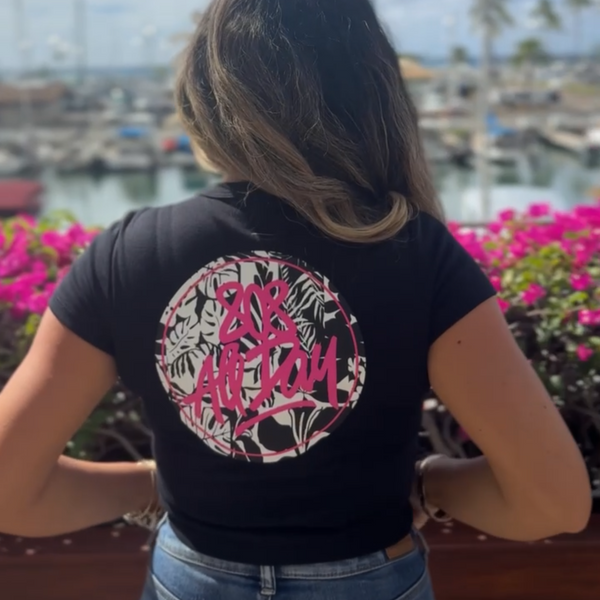 808ALLDAY Women's Black/Pink Floral Circle Tag Crop Top