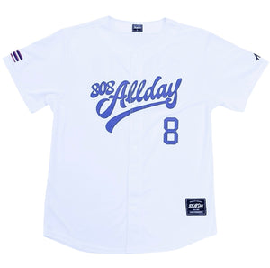 808ALLDAY White/Dark Royal Script Baseball Jersey