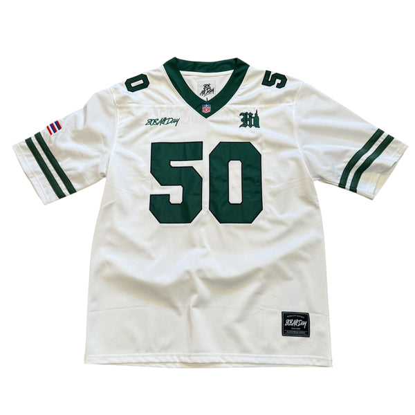 808ALLDAY #50 White/Green Football Jersey