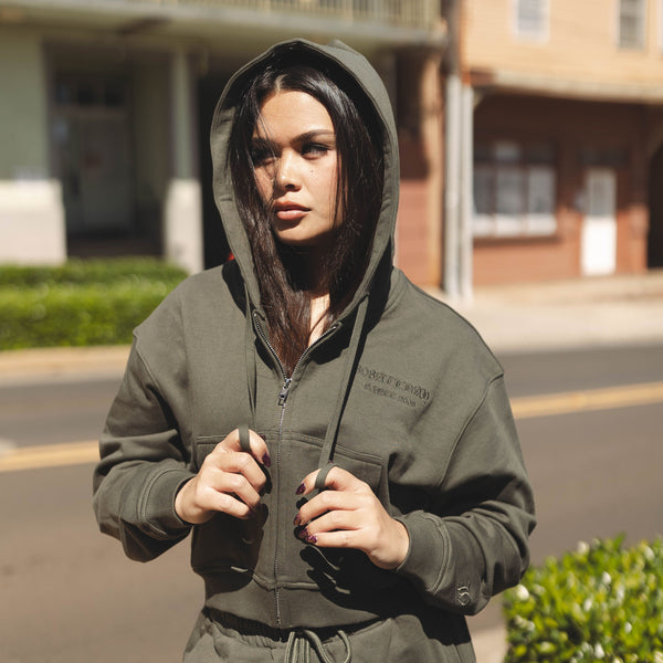 808ALLDAY Women's Premium Embroidered Olive Zip Up Hoodie