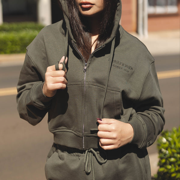 808ALLDAY Women's Premium Embroidered Olive Zip Up Hoodie