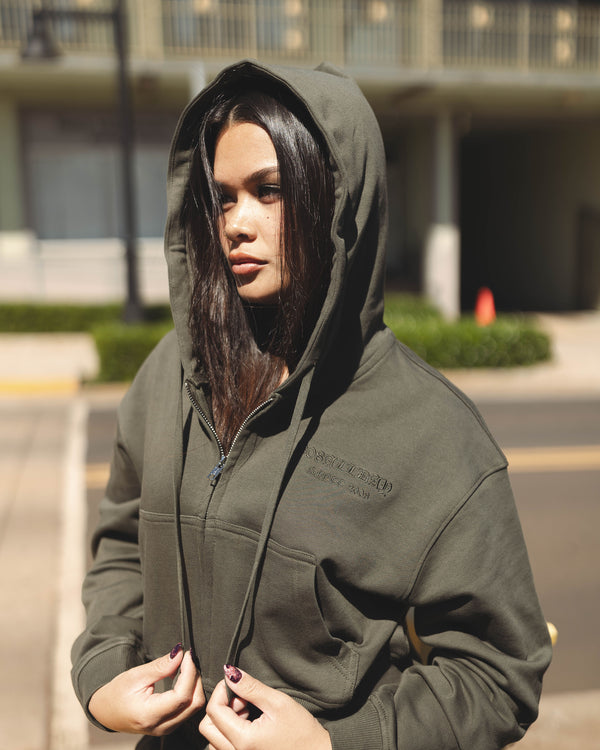 808ALLDAY Women's Premium Embroidered Olive Zip Up Hoodie