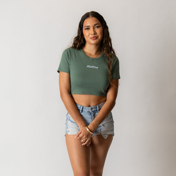 808ALLDAY Women's Sage Green Embroidered Script Crop Tee