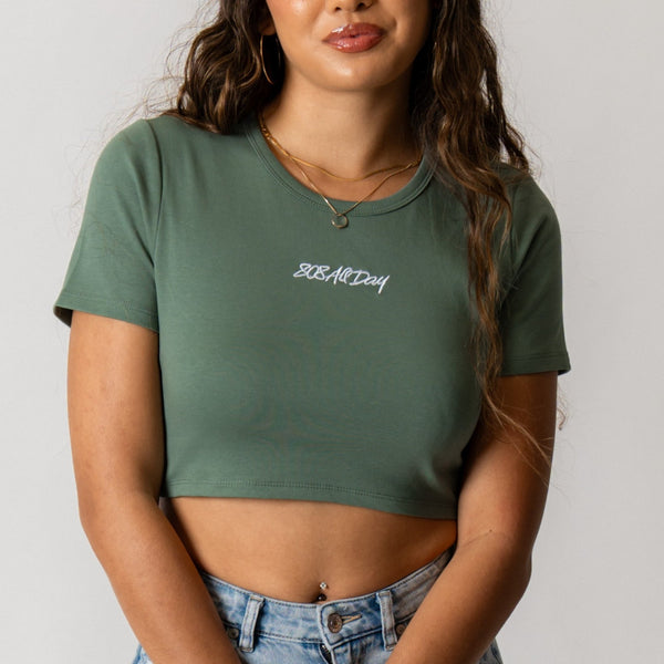 808ALLDAY Women's Sage Green Embroidered Script Crop Tee