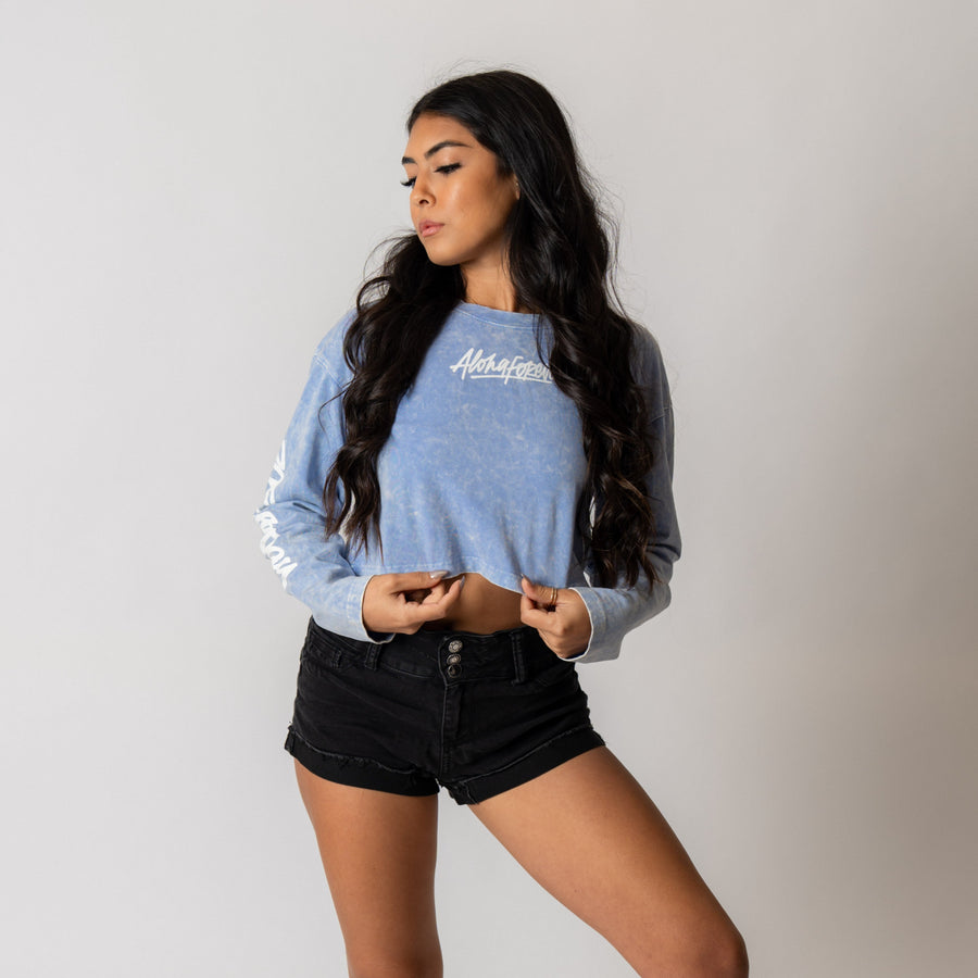 808ALLDAY Women's Aloha Forever Vintage Dyed Blue Crop L/S