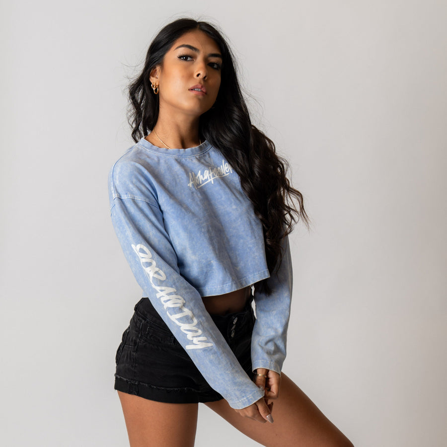 808ALLDAY Women's Aloha Forever Vintage Dyed Blue Crop L/S