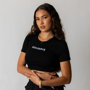 808ALLDAY Women's Black Old English Embroidered Crop Tee