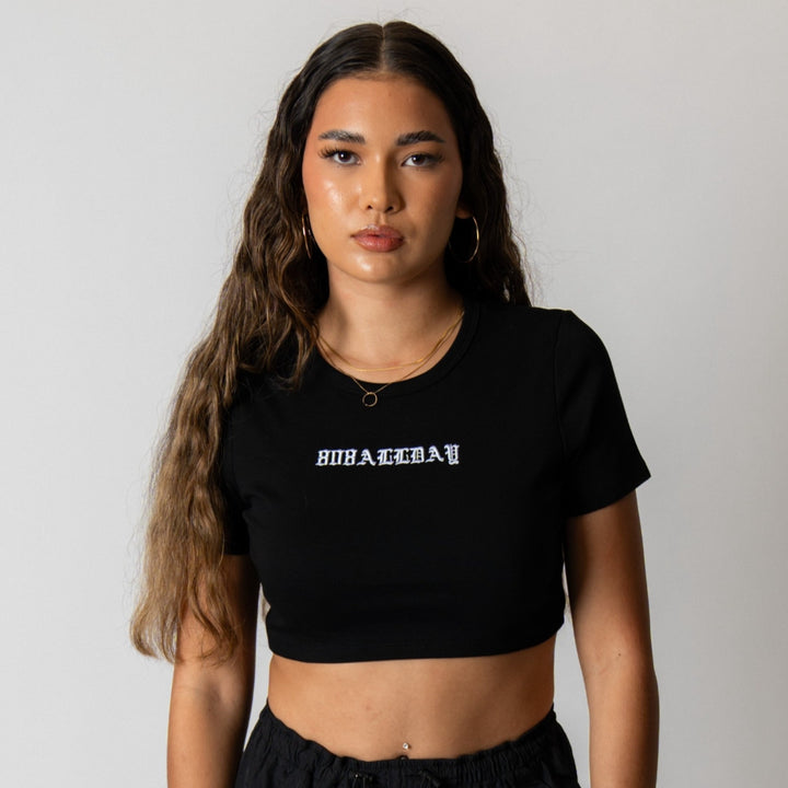 808ALLDAY Women's Black Old English Embroidered Crop Tee