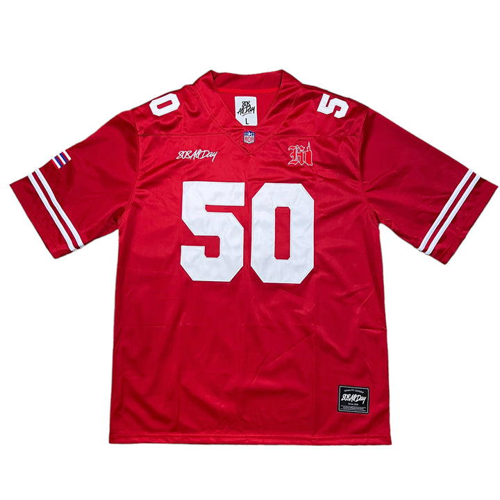 808ALLDAY #50 Red / White Football Jersey