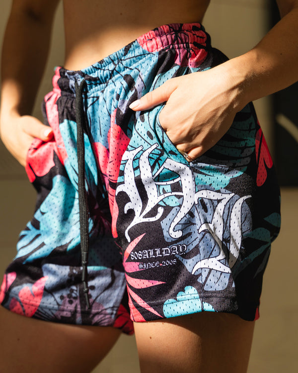 808ALLDAY Pink Floral HI Mesh Shorts