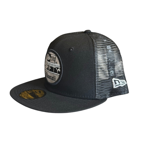 808ALLDAY New Era 59Fifty Black/Metallic Silver Flagship Sticker Fitted Cap