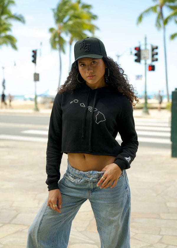 808ALLDAY Women's Black Islands Crop Hoodie