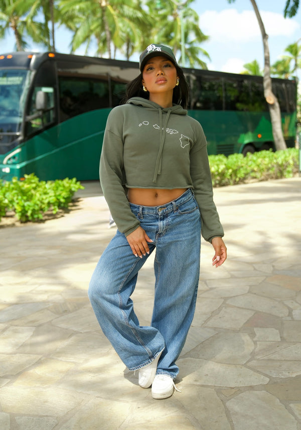 808ALLDAY Women's Military Green Islands Crop Hoodie