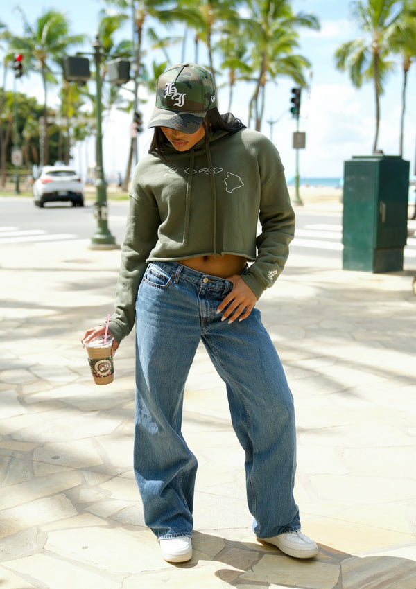 808ALLDAY Women's Military Green Islands Crop Hoodie