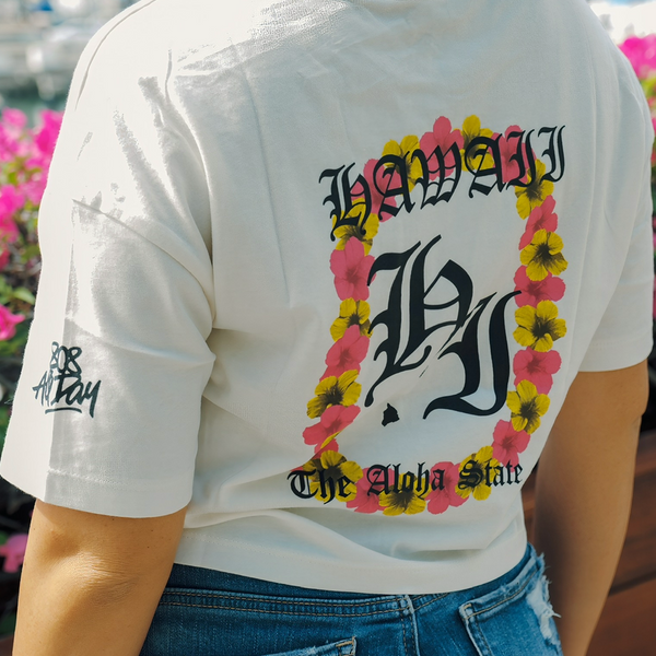 808ALLDAY Women's Vintage White Hibiscus Lei T-Shirt
