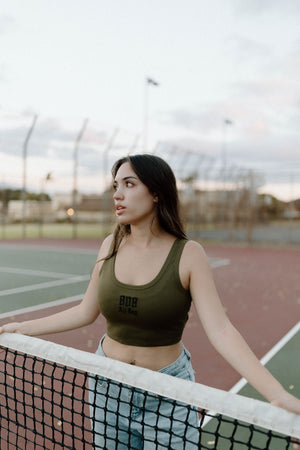 808ALLDAY Women's Army Green Embroidered Crop Tank