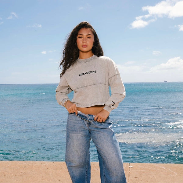 808ALLDAY Women's Heavyweight Mineral Wash Gray Jersey Crop L/S