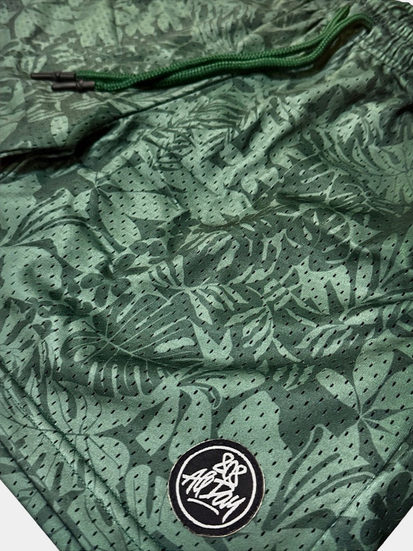 808ALLDAY Green Block Floral Mesh Shorts