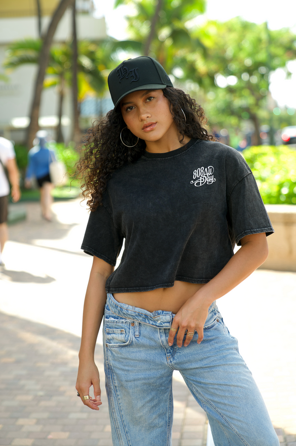 808ALLDAY Women's Black Mineral Wash Paradise Crop Tee