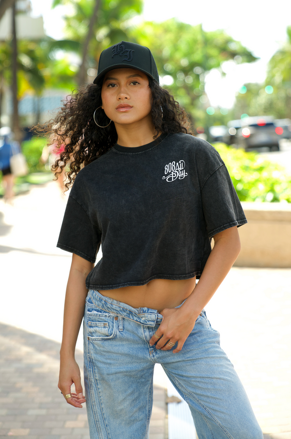 808ALLDAY Women's Black Mineral Wash Paradise Crop Tee