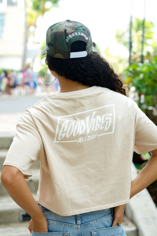 808ALLDAY Women's Linen Mineral Wash Good Vibes Crop Tee