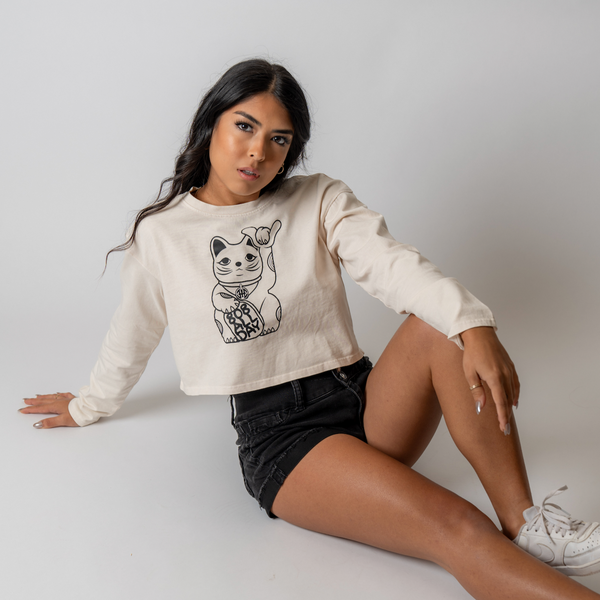 808ALLDAY Women's Cream Vintage Dyed Lucky Cat L/S