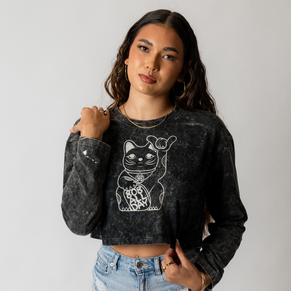 808ALLDAY Women's Charcoal Vintage Dyed Lucky Cat L/S