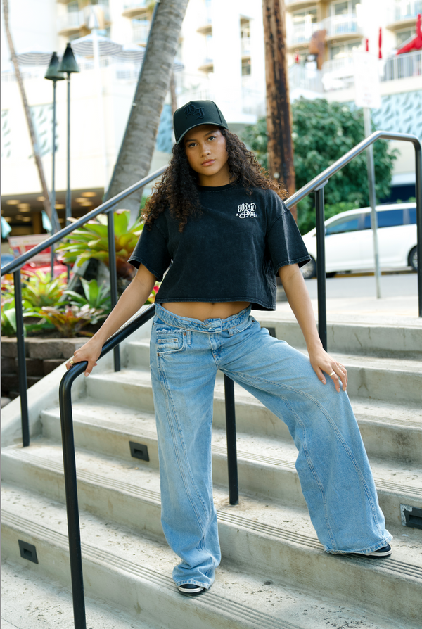 808ALLDAY Women's Black Mineral Wash Paradise Crop Tee