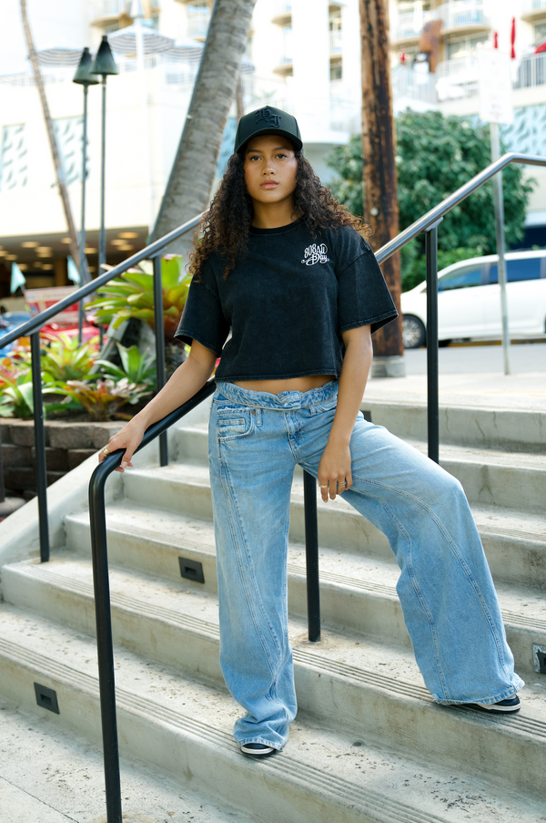 808ALLDAY Women's Black Mineral Wash Paradise Crop Tee