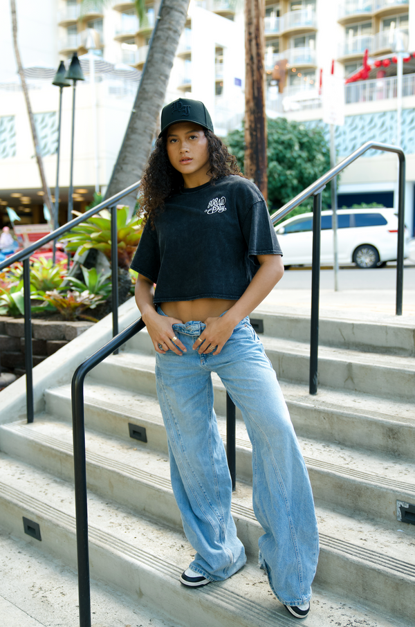 808ALLDAY Women's Black Mineral Wash Paradise Crop Tee