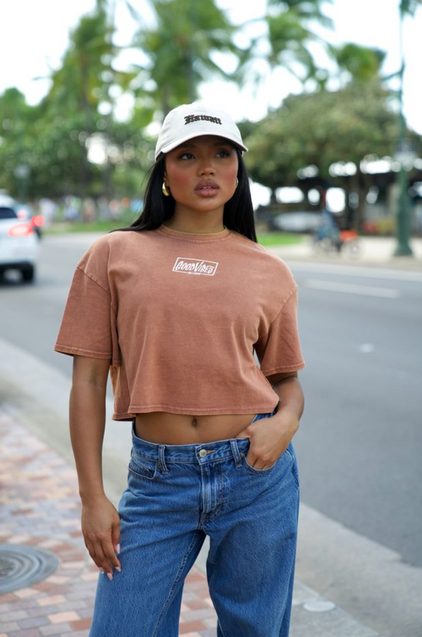 808ALLDAY Women's Sienna Mineral Wash Good Vibes Crop Tee