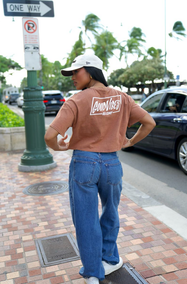808ALLDAY Women's Sienna Mineral Wash Good Vibes Crop Tee