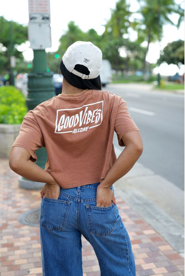 808ALLDAY Women's Sienna Mineral Wash Good Vibes Crop Tee