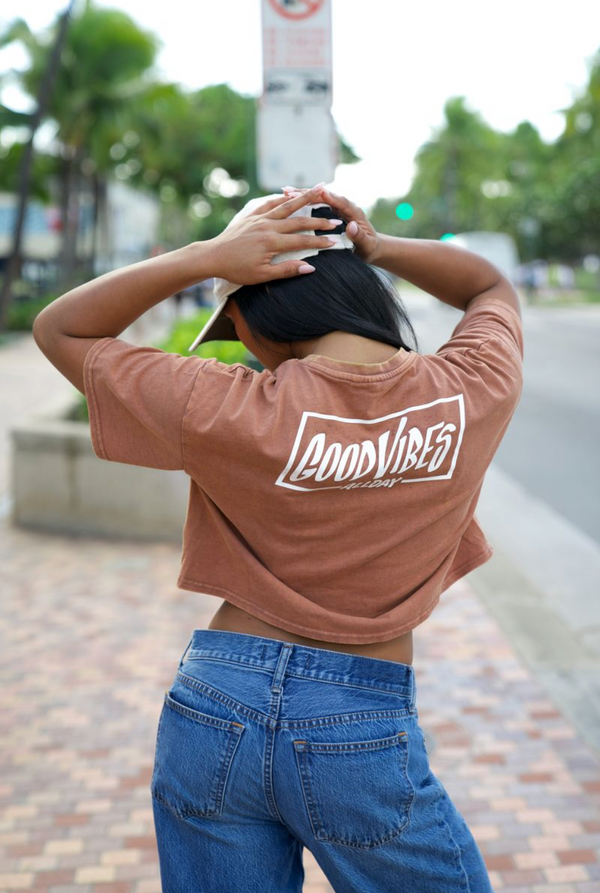 808ALLDAY Women's Sienna Mineral Wash Good Vibes Crop Tee