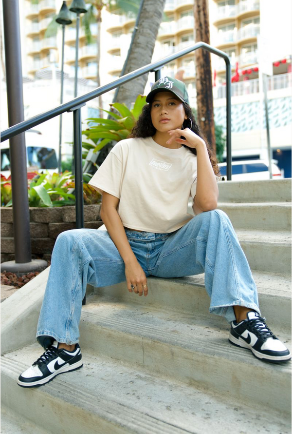 808ALLDAY Women's Linen Mineral Wash Good Vibes Crop Tee