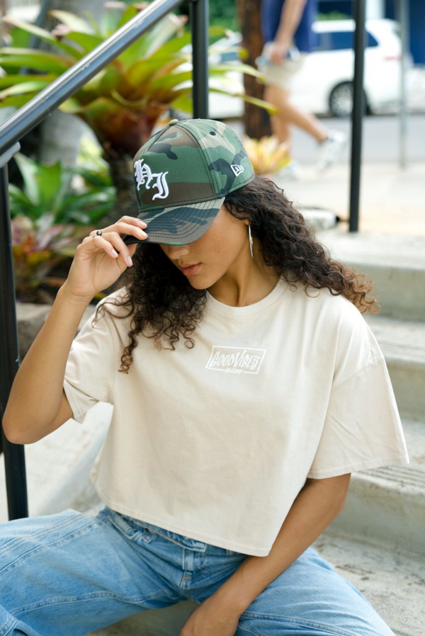 808ALLDAY Women's Linen Mineral Wash Good Vibes Crop Tee